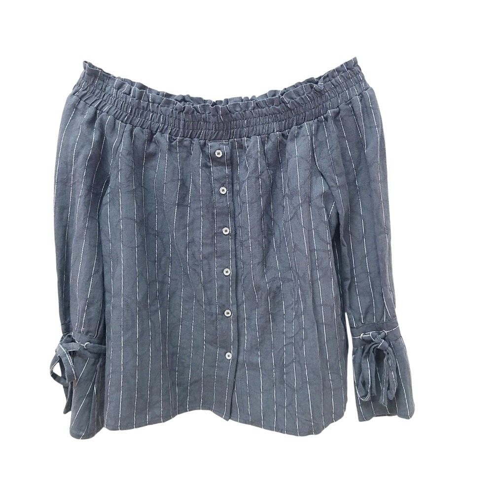 NWT Lucky Brand Womens Grey Pinstripe Linen Blend Off Shoulder Top S LBS4023
